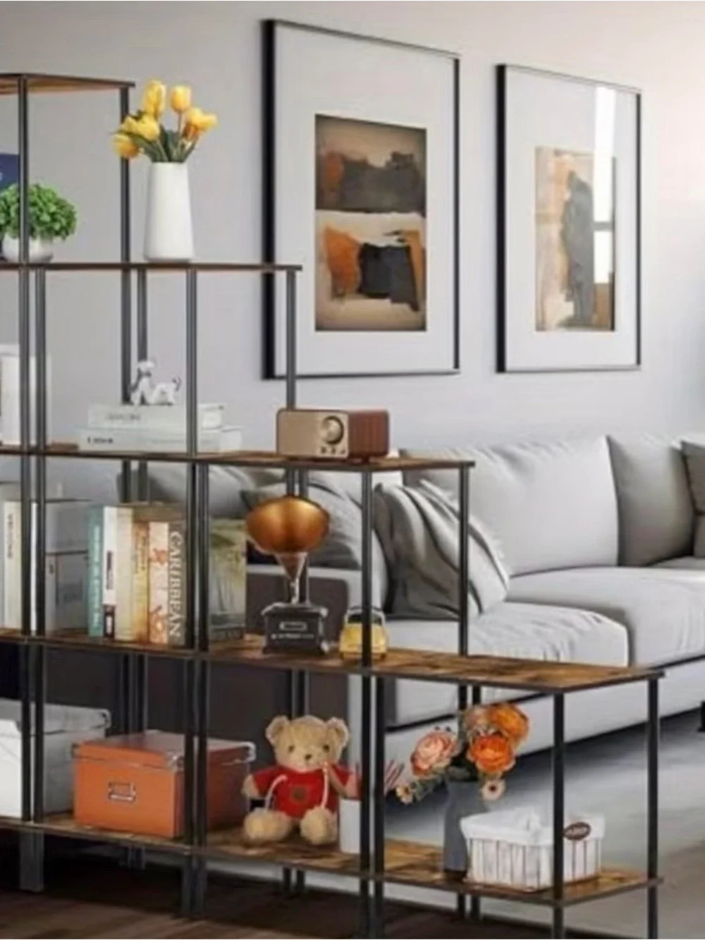 Modern Brown and Black Open Shelving Room Divider - Home Wall Decor